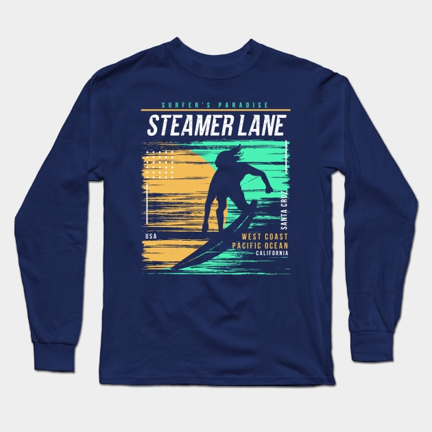 Retro Surfing Steamer Lane Santa Cruz, California // Vintage Surfer Beach // Surfer's Paradise Long Sleeve T-Shirt by Now Boarding